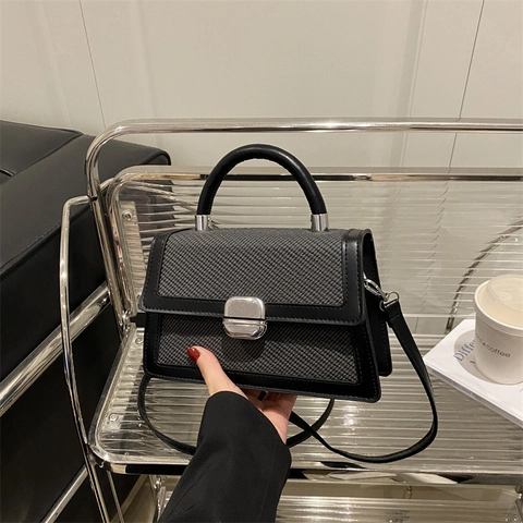 Sac Bandoulière Tissé Rétro pour Femmes Mode PU Cuir Petit Sac Carré Élégant Sac à Épaule Contrasté Sac à Main Polyvalent