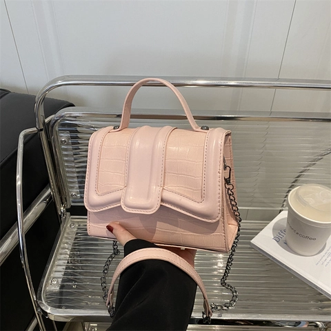 Women Fashion Crocodile Pattern PU Handbag Minimalist Solid Color Chain Shoulder Bag Commuter Crossbody Square Bag