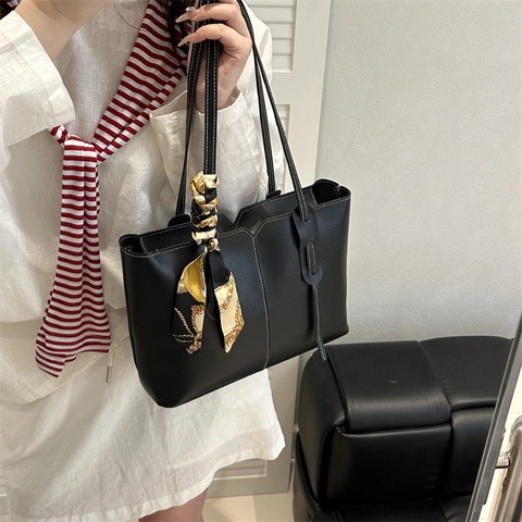 Bolso de Mano Grande de Cuero PU para Mujer Oficina Trabajo Bolso de Hombro Con Decoración de Bufanda Elegante