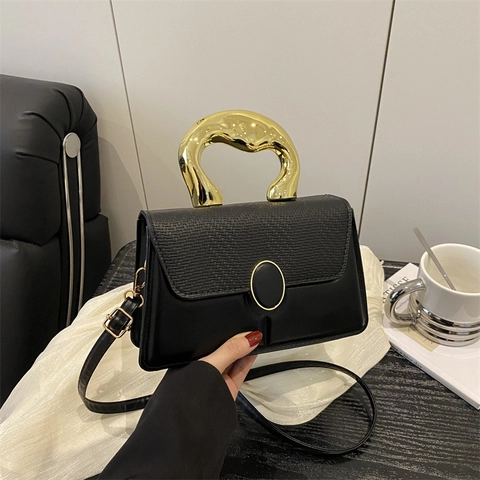 Borsa Quadrata in Pelle PU con Intreccio di Moda Con Manico in Metallo Oro Irregolare Borsa a Tracolla da Donna