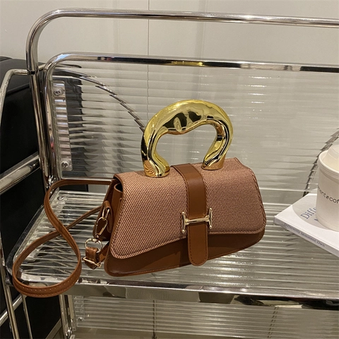 Sac Bandoulière Femme en Cuir PU Patchwork Avec Poignée Métallique Boucle en H Sac à Épaule Street Contraste Couleur Quotidien