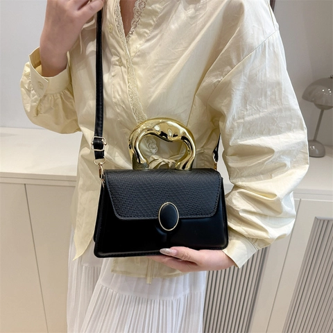 Borsa Quadrata in Pelle PU con Intreccio di Moda Con Manico in Metallo Oro Irregolare Borsa a Tracolla da Donna