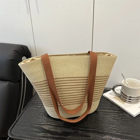 Borsa Tote da Donna in Paglia Intrecciata a Grande Capacità a Righe Retrò Borsa a Spalla Estate Spiaggia Vacanza Casual Borsa da Sottobraccio
