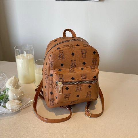 Damen Mode Mini PU Leder Rucksack Cartoon Bär Rautenmuster Lässig Reise Daypack Studenten Schultasche Mit Reißverschluss
