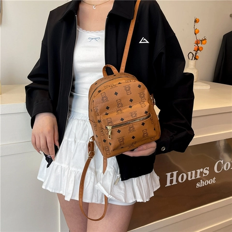 Damen Mode Mini PU Leder Rucksack Cartoon Bär Rautenmuster Lässig Reise Daypack Studenten Schultasche Mit Reißverschluss