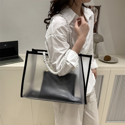 Women Transparent PVC Tote Bag With Cotton Rope Handle Large Capacity Summer Beach Shoulder Bag Set With Inner Pouch
