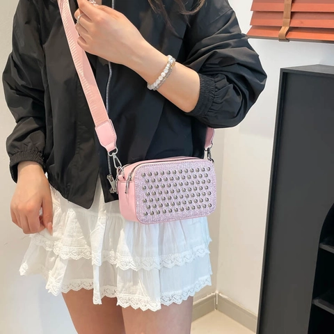 Women Chic Niche Design PU Leather Small Square Bag With Metal Rivet Sequin Decoration Wide Adjustable Strap Crossbody Camera Bag