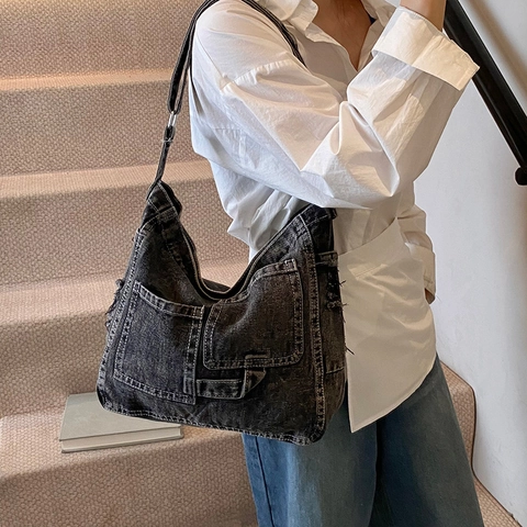 Borsa a Tracolla da Donna in Denim a Grande Capacità Tasche Multiple Bordi Sfilacciati Borsa Hobo Vintage Casual Tote