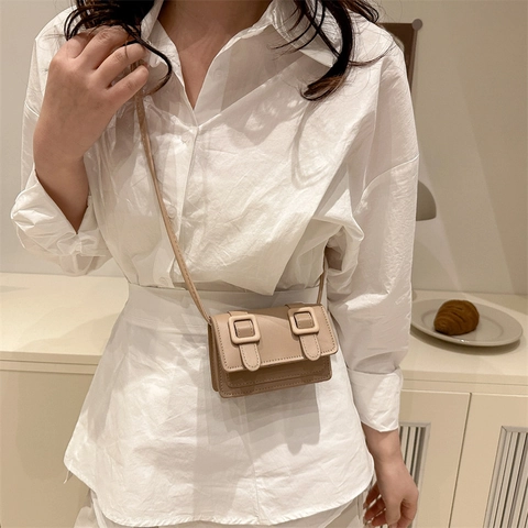 Women Mini Square Crossbody Bag PU Leather Small Double Buckle Flap Shoulder Pouch Trendy Summer Casual Solid Color Tiny Handbag