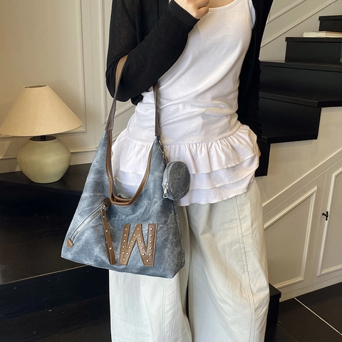 Borsa Tote in Pelle PU Retro Grande Capacità per Donna Borsa a Tracolla Hobo Vintage Con Mini Portamonete Rivetto Lettera