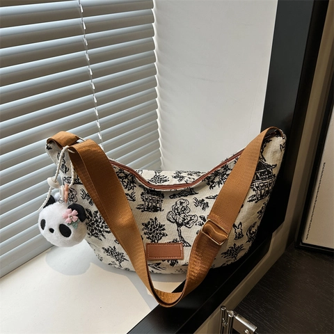 Vintage Chinesischer Stil Landschaft Druck Segeltuch Umhängetasche Damen Großes Kapazität Tote Crossbody Tasche Mit Niedlichen Panda Anhänger