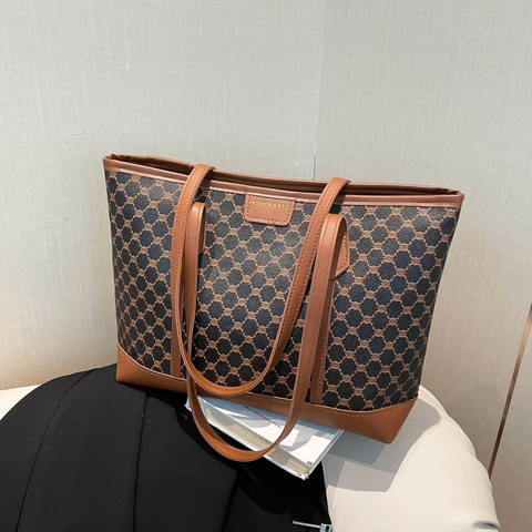 Borsa Tote Grande Capacità con Stampa Monogramma Vintage Donna in Pelle PU a Spalla Sottobraccio Borsetta Viaggio Quotidiano