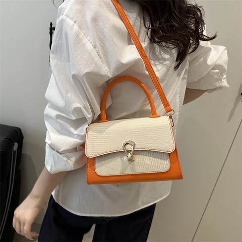 Mode Patchwork Damen Umhängetasche Quadratisch Kontrastfarbe Gewebtes Leder Handtasche Mit Metallschnalle Schultertasche