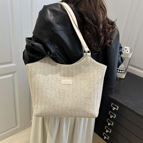 Damen Schlichte Strohgeflecht Shopper Große Kapazität Schultertasche Mit PU Ledergriff Mode Buchstaben Patch Handtasche