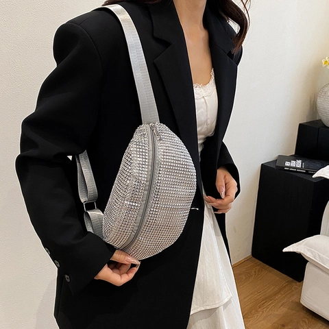 Sac Banane Femme Mode Strass Pailleté Demi-Lune Sac de Poitrine Brillant Sac Bandoulière Pour Fête Style de Rue