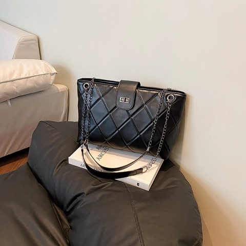 Borsa Tote Trapuntata in Pelle PU di Grande Capacità Con Catena Da Donna Borsa a Tracolla a Griglia Diamantata