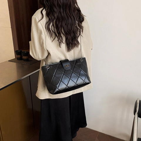 Borsa Tote Trapuntata in Pelle PU di Grande Capacità Con Catena Da Donna Borsa a Tracolla a Griglia Diamantata