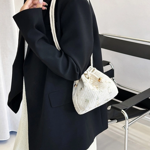 Secchiello Intrecciato Con Ricamo Floreale E Chiusura A Coulisse Borsa A Tracolla In Paglia Per Donna Estate Vacanza Al Mare Moda Borsa A Spalla