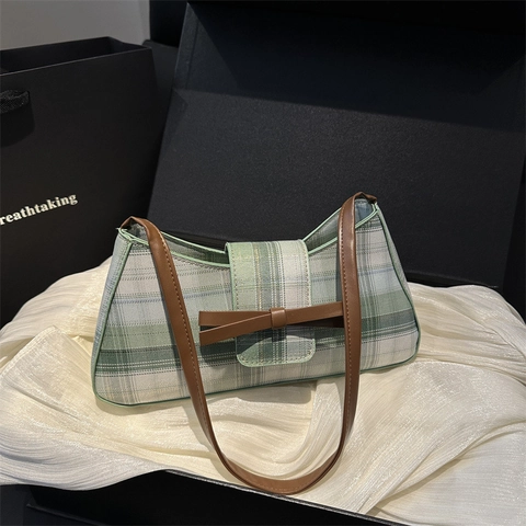 Damen Mode Karierte Unterarmtasche Retro Plaid Stoff Schultertasche Mit Schleifen Dekor Casual Süße Handtasche Für Den Alltag
