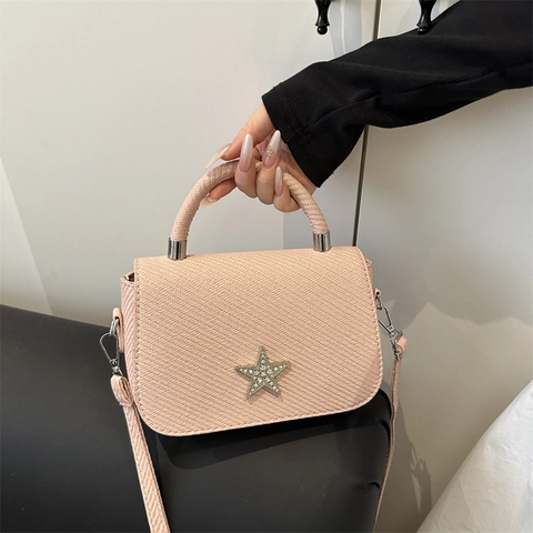 Fashion Women Five-Pointed Star Handbag Woven Texture Synthetic Leather Shoulder Bag Rhinestone Inlaid Small Square Crossbody Bag