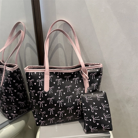 Bolso Tote Y Neceser De Cuero PU Para Mujer Estampado Lazo Rosa Y Corazón Gran Capacidad Bolso De Hombro Diario Estilo Dulce
