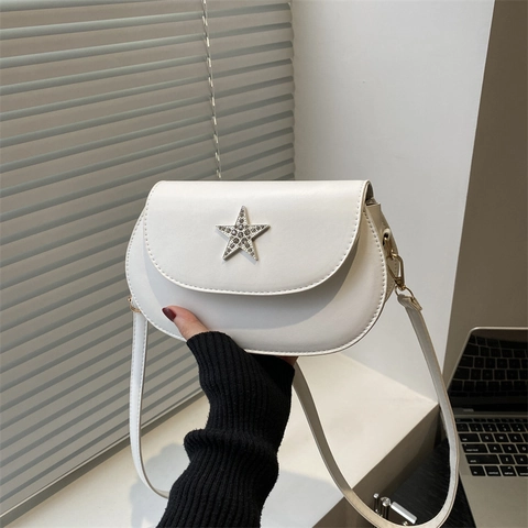 Bolso de Bandolera de Cuero PU para Mujer Bolso de Silla de Estrella de Strass de Moda Bolso de Hombro Simple de Color Sólido Bolso de Viaje Elegante