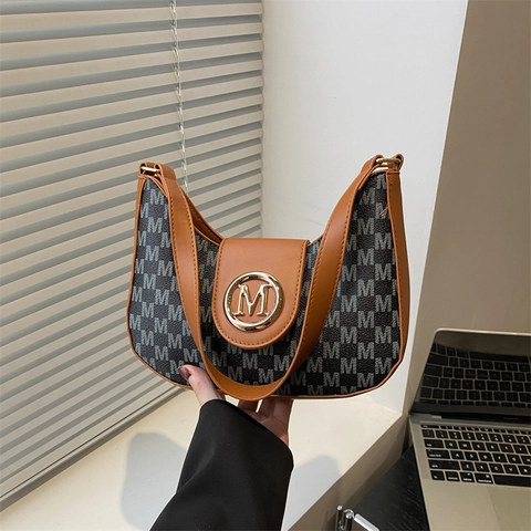 Borsa Sottobraccio Vintage con Stampa Lettere Donna Moda Pelle PU Monogramma Hobo Borsa a Tracolla Logo M Oro Retrò