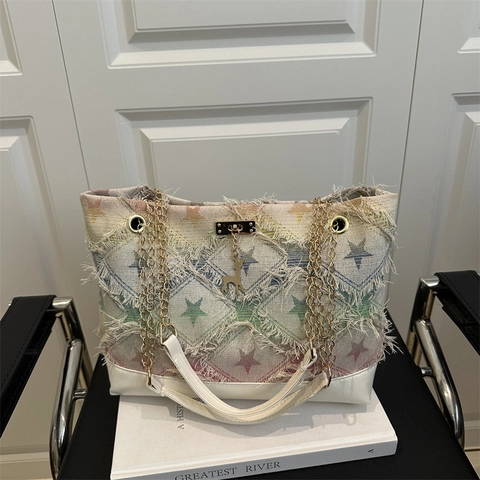 Women Denim Star Checkered Tote Bag Chic Frayed Edges Chain Shoulder Bag With Deer Pendant Casual Fashion Handbag