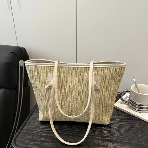 Women Fashion Straw Woven Tote Bag Summer Casual Large Capacity Shoulder Bag With Faux Leather Handle Solid Color Beach Vacation Handbag