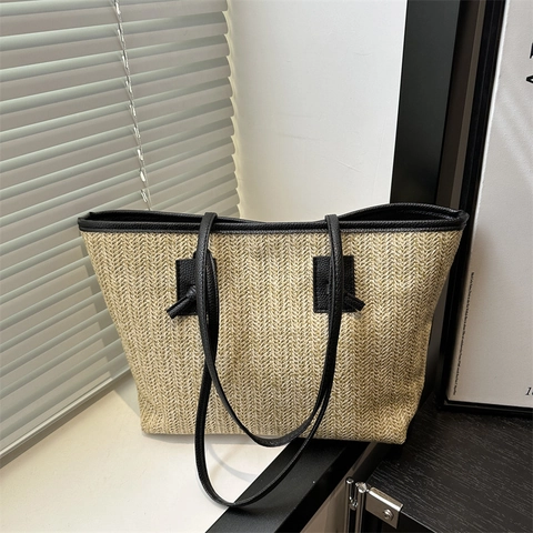 Borsa Tote in Paglia Intrecciata ad Alta Capacità Estiva Donna Manici in Pelle PU Annodati Stile Francese Borsa a Tracolla Spiaggia