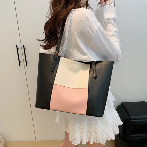 Bolso Tote de Cuero PU para Mujer Bloque de Color Gran Capacidad Bolso de Hombro Casual Diario Minimalista con Costuras