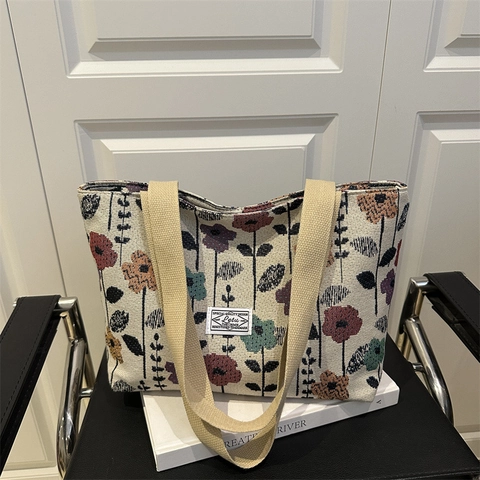Dames Retro Bloemen Jacquard Tote Bag Grote Capaciteit Polyester Schoudertas Casual Esthetische Forenzen Handtas Veelzijdige Tas