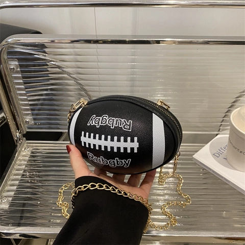 Sac Bandoulière Créatif en Cuir PU Forme de Rugby pour Femmes Mode Impression de Lettres Chaîne Sac à Épaule Style Football Américain