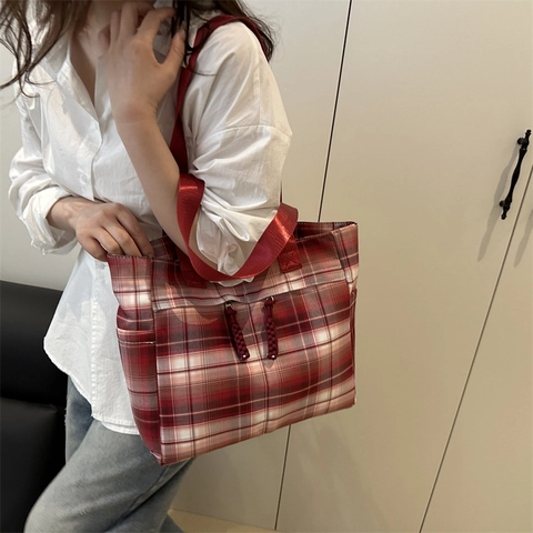 Borsa Tote da Donna a Quadri alla Moda Borsa a Tracolla Plaid di Grande Capacità Borsa a Mano in Tessuto Retro per Pendolarismo