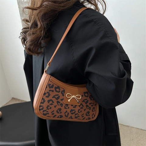 Vintage Leopardenmuster Achseltasche Für Damen PU Leder Schleife Dekor Schultertasche Französischer Stil Retro Mode Handtasche