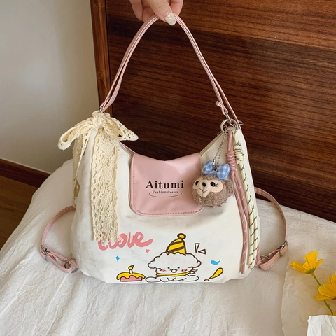 Süßer Japanischer Stil Cartoon Hund Druck Damen PU Leder Rucksack Große Kapazität Schultasche Mit Spitzenschleife Und Plüschtier