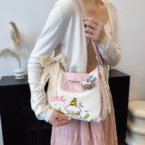 Süßer Japanischer Stil Cartoon Hund Druck Damen PU Leder Rucksack Große Kapazität Schultasche Mit Spitzenschleife Und Plüschtier