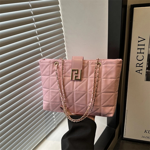 Women Quilted PU Leather Tote Bag Japanese Minimalist Large Capacity Diamond Pattern Chain Strap Geometric Buckle Shoulder Bag