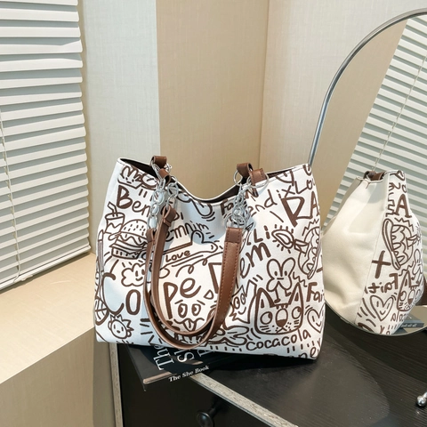Fashion Graffiti Cartoon Print Tote Bag Casual PU Leather Fabric Large Capacity Shoulder Bag Trendy Handbag For Women