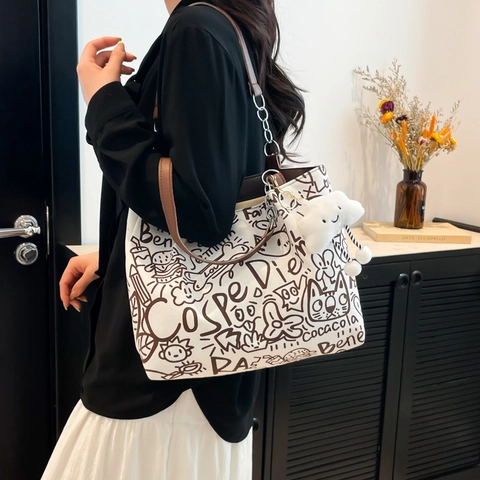 Fashion Graffiti Cartoon Print Tote Bag Casual PU Leather Fabric Large Capacity Shoulder Bag Trendy Handbag For Women
