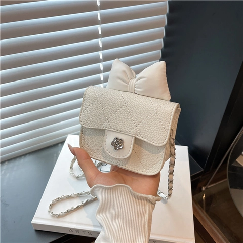 Mini Sac Bandoulière Femme en PU Matelassé à Losanges Avec Nœud Doux Fermoir Fleur Élégante Bandoulière Chaîne