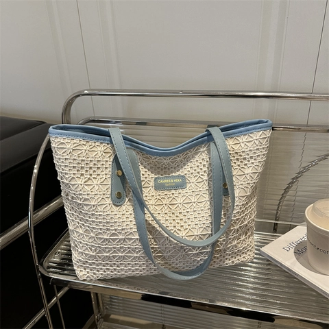 Women Large Capacity Hollow Crochet Woven Tote Bag French Retro Lace Shoulder Bag With PU Leather Handle For Casual Vacation