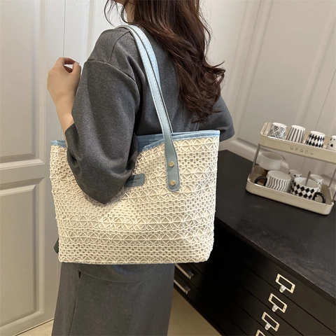 Women Large Capacity Hollow Crochet Woven Tote Bag French Retro Lace Shoulder Bag With PU Leather Handle For Casual Vacation