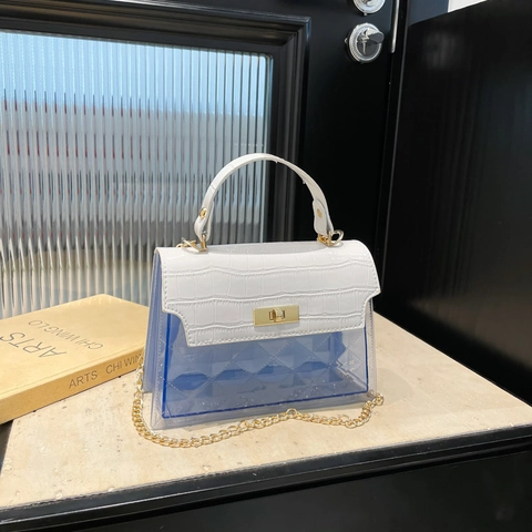 Sac Bandoulière Transparent Matelassé pour Femmes Motif Crocodile PU PVC Patchwork Sac à Main Mode Sac Carré Chaîne Dorée Sac Épaule