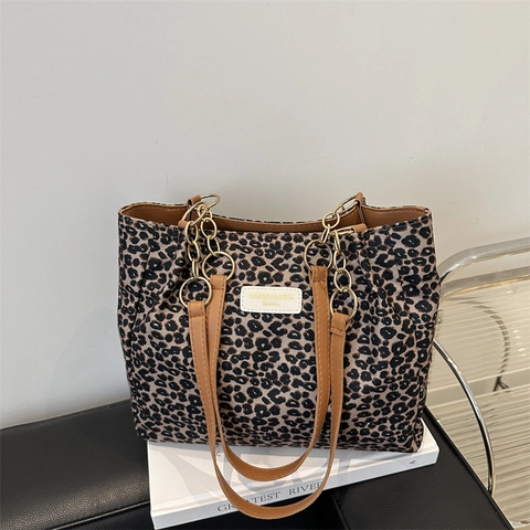 Borsa Shopping da Donna in Tela con Stampa Leopardata e Pied de Poule Grande Capacità Borsa a Spalla con Tracolla a Catena in Metallo