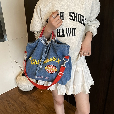 Bolso de Hombro de Denim para Mujer Bordado Bandoulière Tote Color de Contraste Cordón Bolso de Mano Borde Deshilachado Casual Viaje Diario