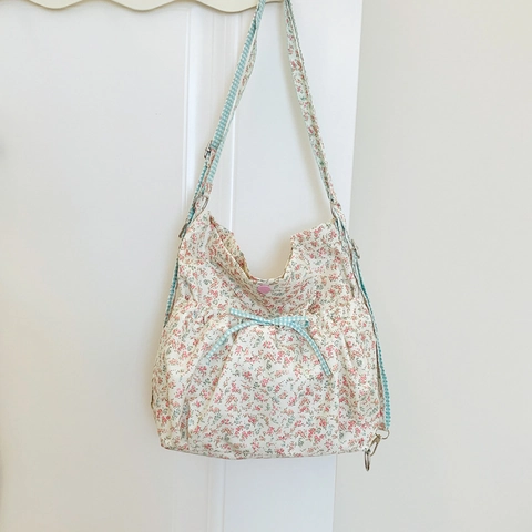 Sac à Dos Femme Motivo Floral Doux Style Champêtre Frais Sac à Bandoulière en Tissu Léger Avec Nœud à Carreaux Sac Quotidien