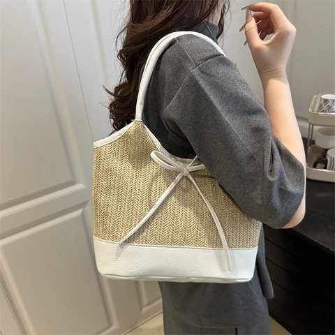 Dames Casual Stro Geweven Draagtas Contrast Kleur PU Leer Splitsen Schoudertas Met Strik Decoratie Grote Capaciteit Zomer Strand Vakantie Handtas