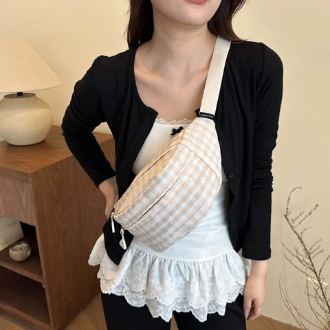 Borsa a Tracolla in Tela a Quadri Stile Giapponese per Donna Casuale Grande Capacità Borsa da Petto Leggera Elegante Marsupio