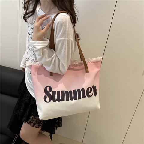 Summer Gradient Canvas Tote Bag With Frayed Fringe Detail Letter Print Large Capacity Casual Shoulder Bag For Women Beach Vacation